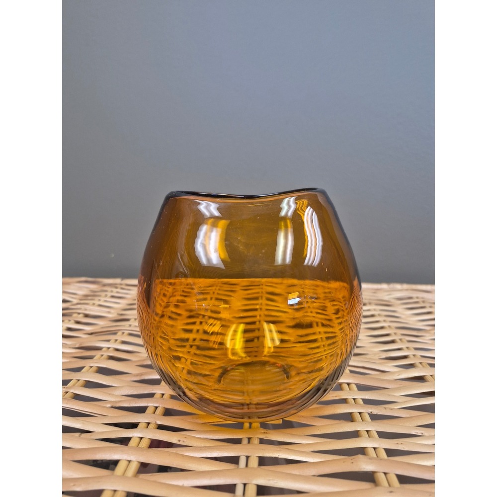 Vintage Amber Hand Blown Art Glass Vase Wavy Rim MCM Boho Heavy Glass Decor